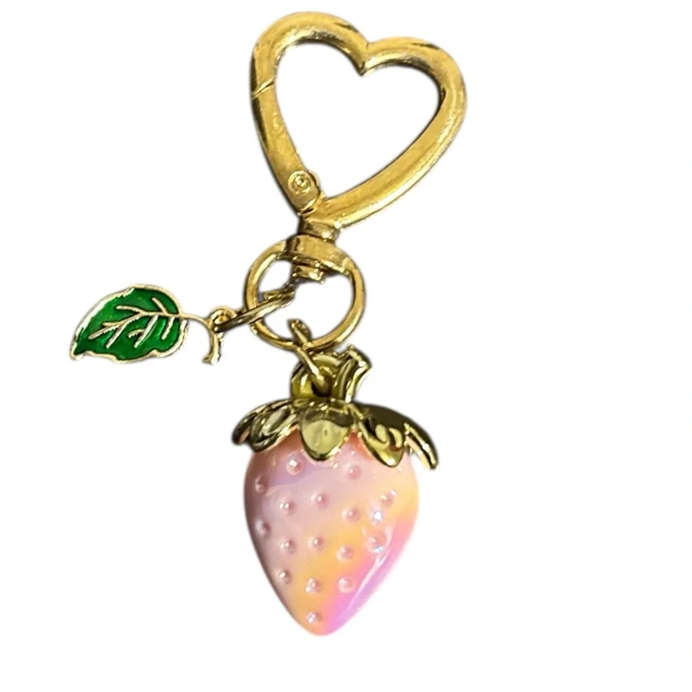 New..Adorable Pink Strawberry Gold Heart Keychain/Bag Charm